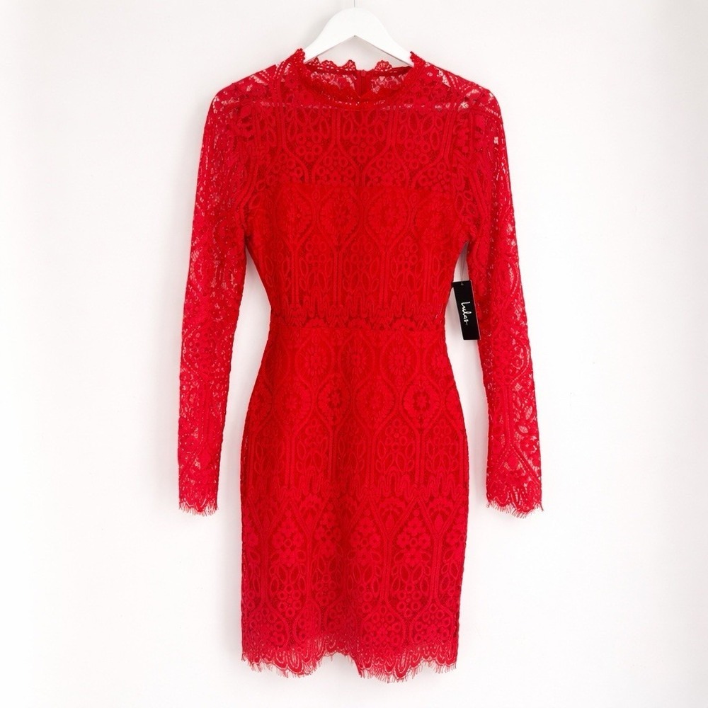 NWT Lulus Size XL Red Lace Long Sleeve Bodycon Knee Length Dress Sexy‎ Romantic